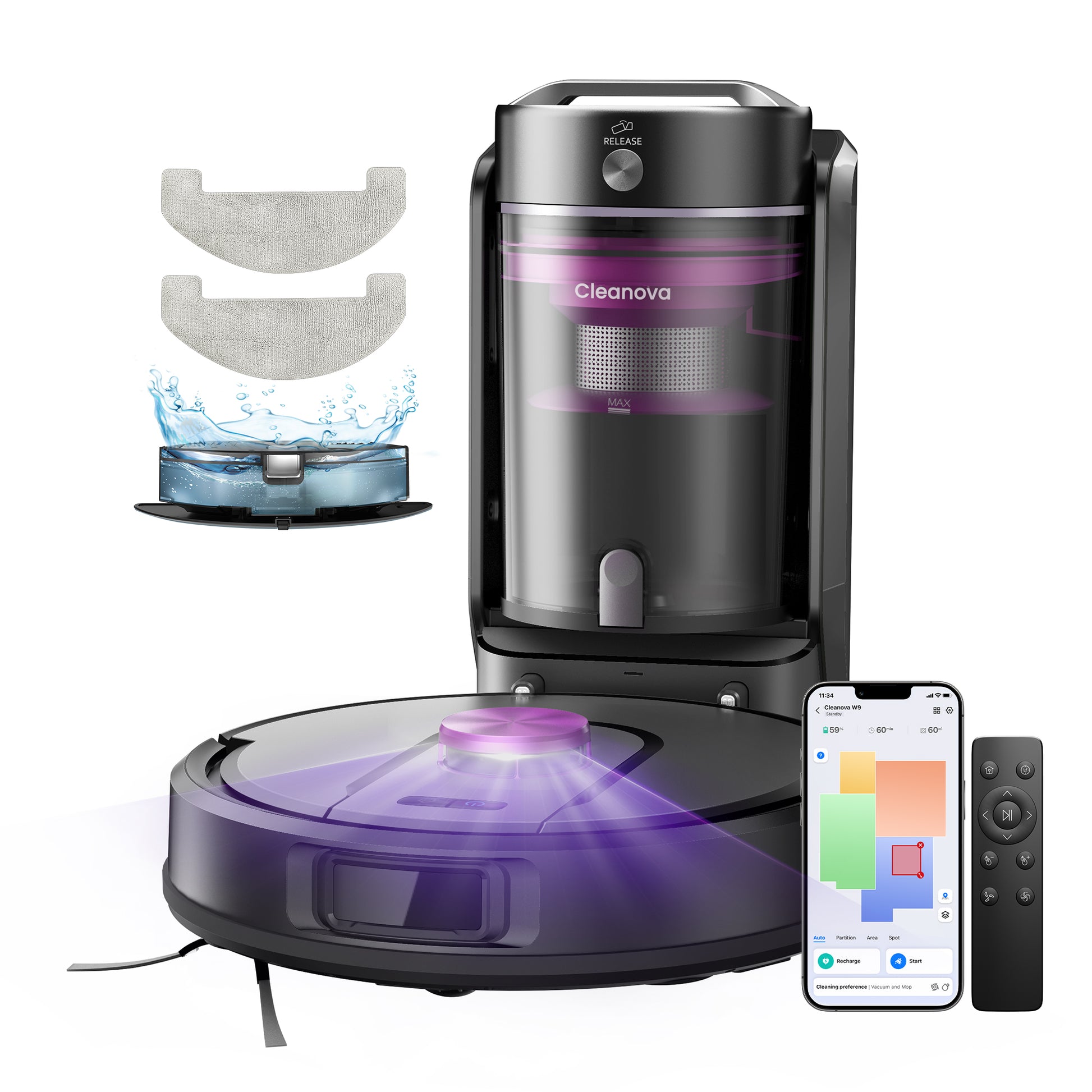 The Cleanova W15 robot vacuum docked at its auto-empty station. The station has a transparent waste compartment and a "RELEASE" button. A cleaning map is visible on a smartphone screen next to a remote control. Two cloth pads and a water container are shown, highlighting the robot's mopping functionality.
