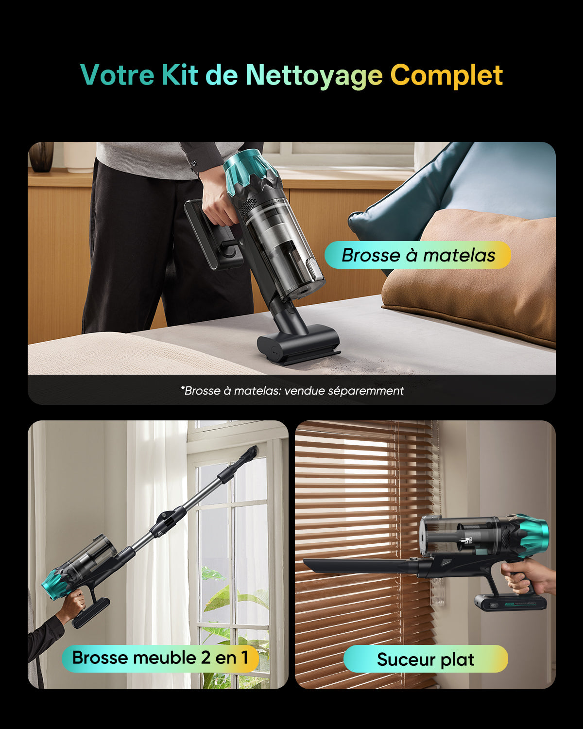 Publicité pour un kit d'accessoires d'aspirateur, intitulée « Votre Kit de Nettoyage Complet ». L'image montre trois accessoires : une brosse pour matelas (indiquée comme vendue séparément), une brosse 2-en-1 pour les meubles et un suceur plat pour les espaces étroits. Chaque accessoire est présenté dans une vignette avec une illustration de son utilisation. Le design est moderne et épuré sur un fond d'intérieur domestique.