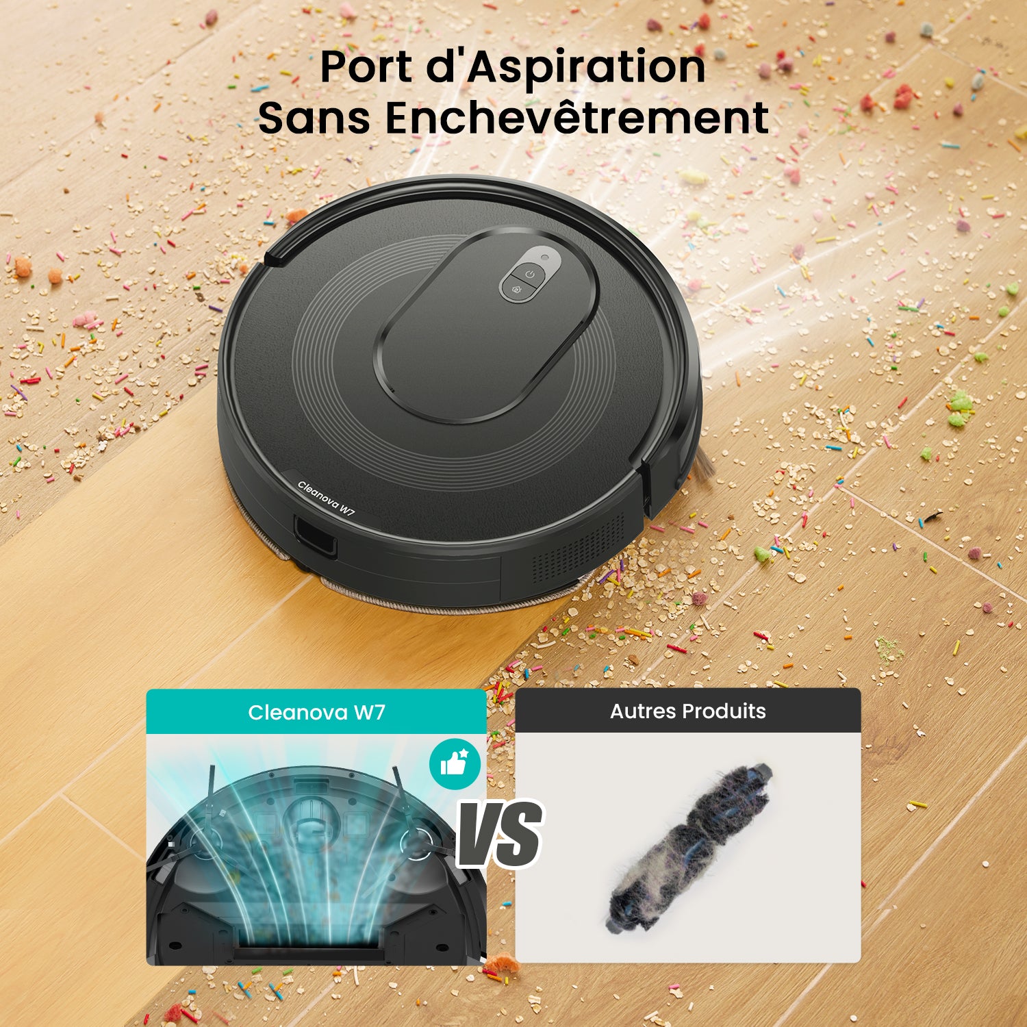 Robotic vacuum cleaner with anti-tangle suction port feature on a floor with debris.