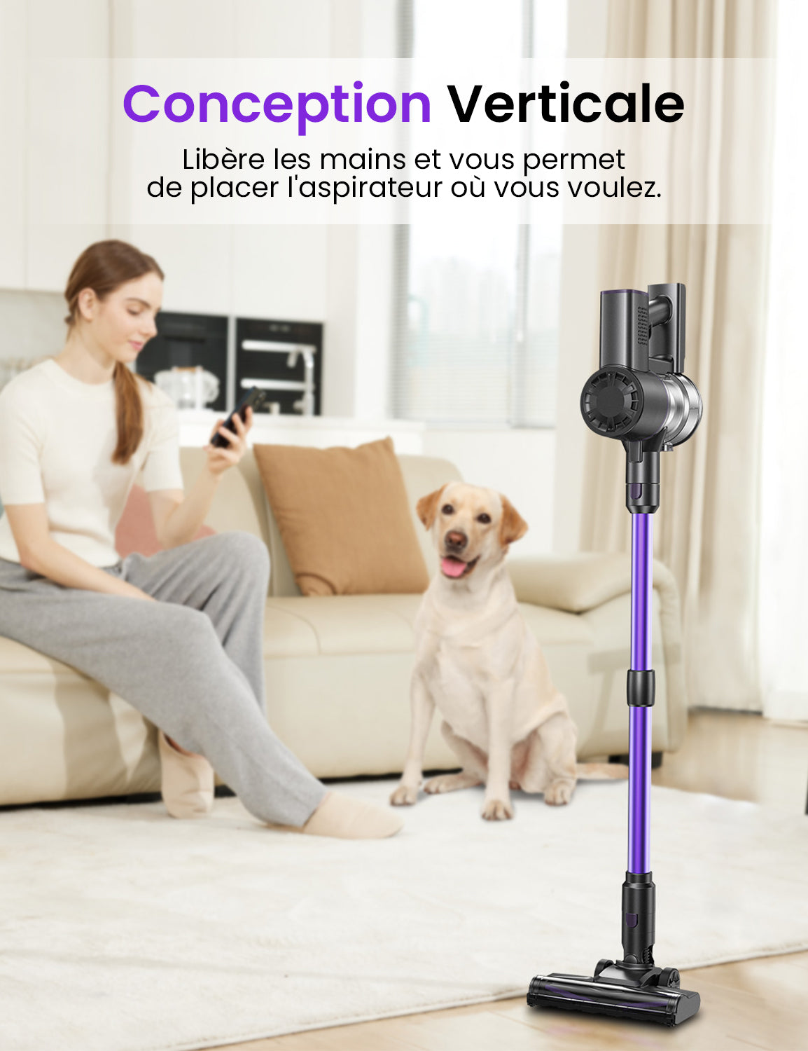 Woman using a smartphone with a dog sitting on the floor next to a vacuum cleaner in a living room.