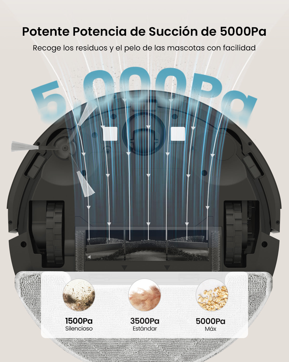Robotic vacuum cleaner with 5000Pa suction power illustration on a beige background