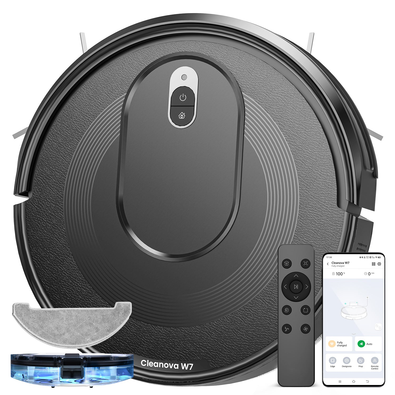 Robotic vacuum cleaner with remote control and smartphone app on a white background