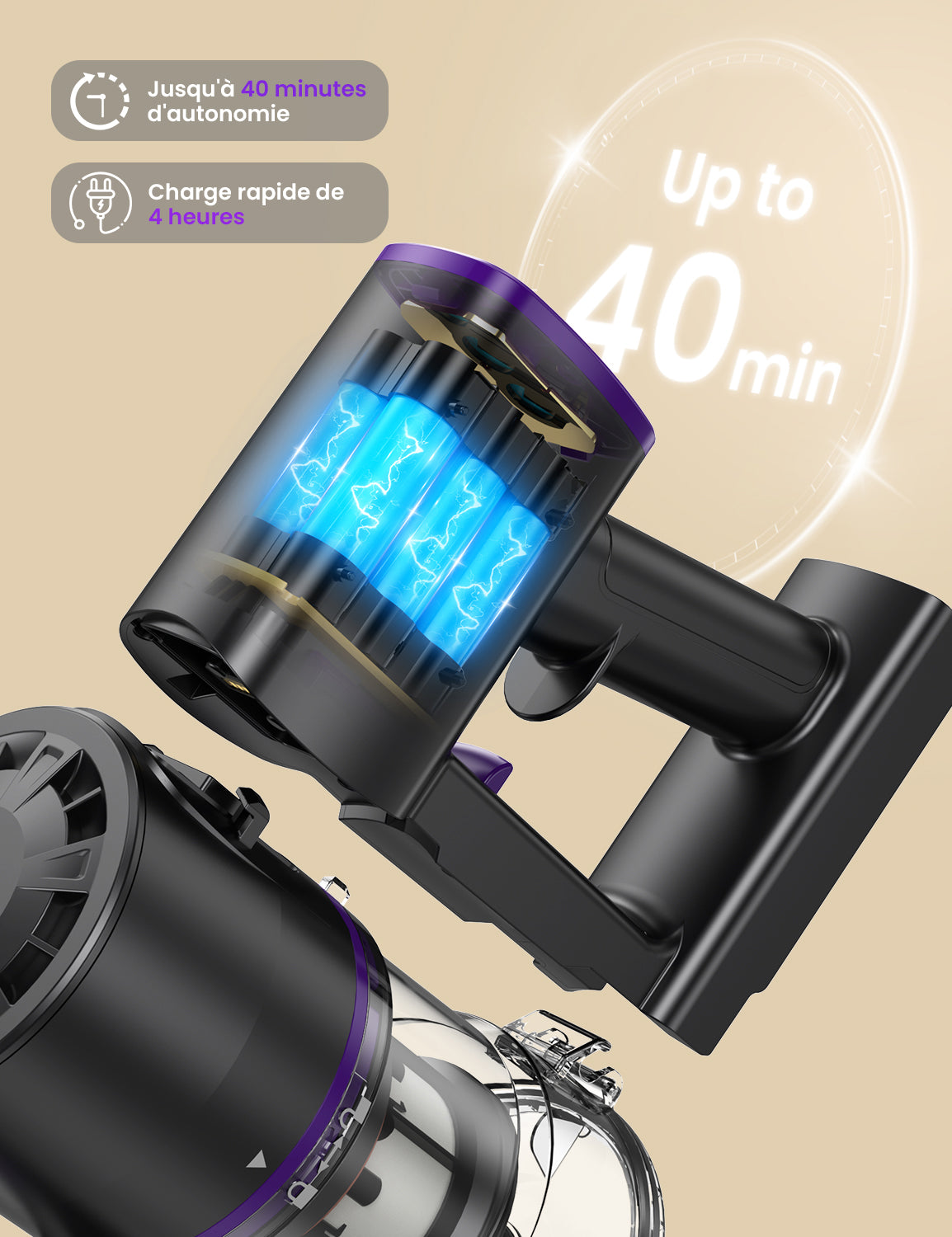 vacuum cleaner with digital display and charging features on a beige background