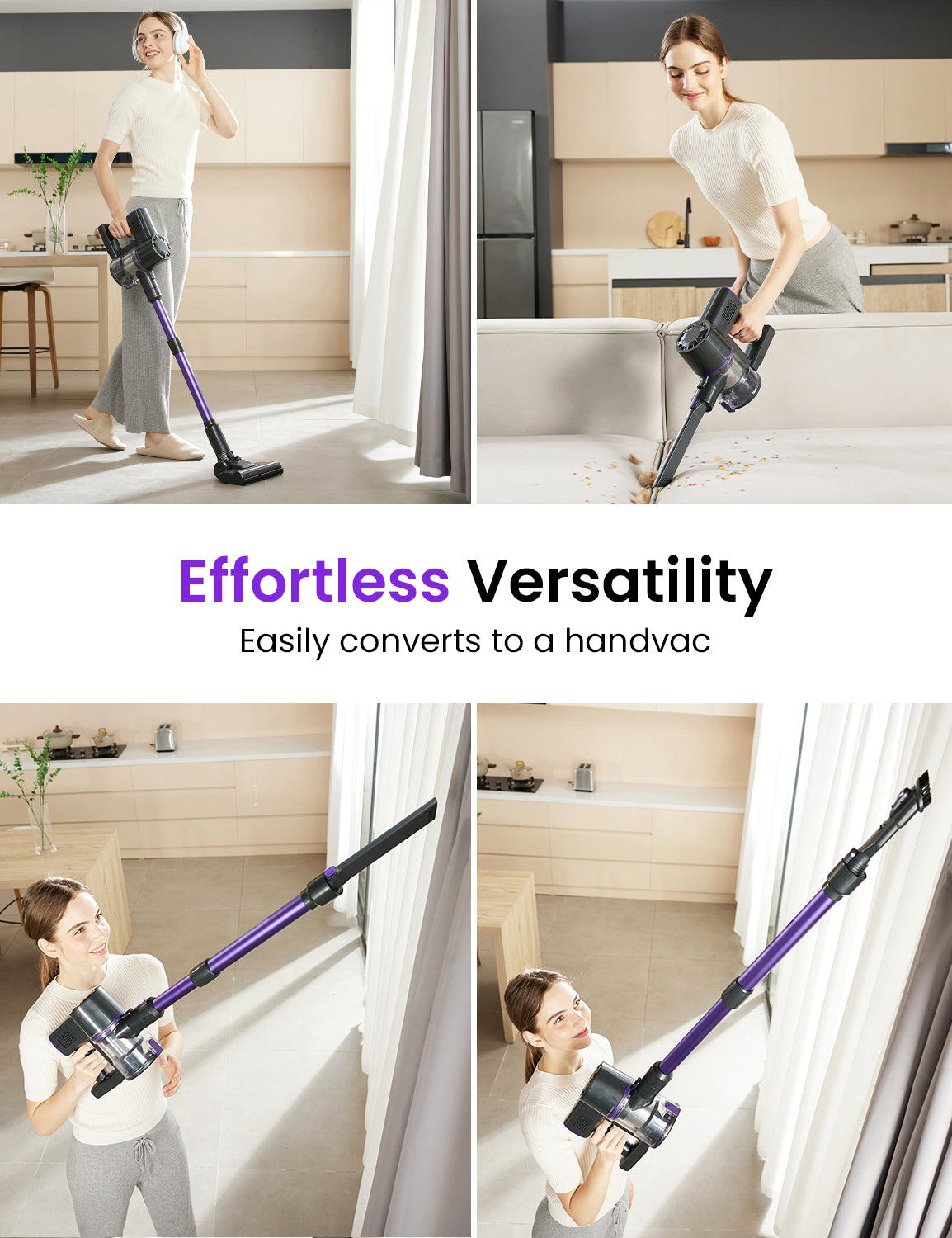 Multifunctional vacuum cleaner being used in various cleaning scenarios with text highlighting its features.