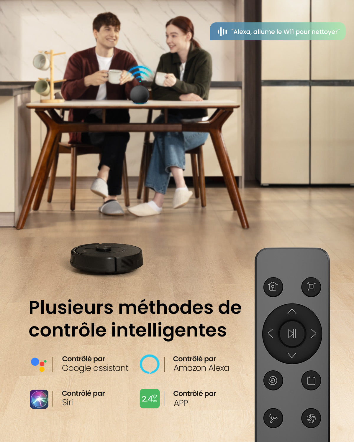 Two people sitting at a table with a robot vacuum cleaner and remote control, featuring smart control methods.