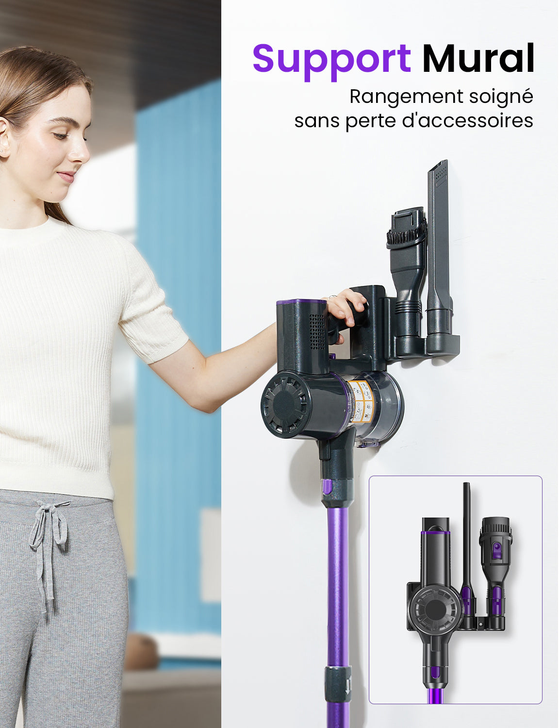 Woman using a vacuum cleaner with a storage wall mount in a living room.