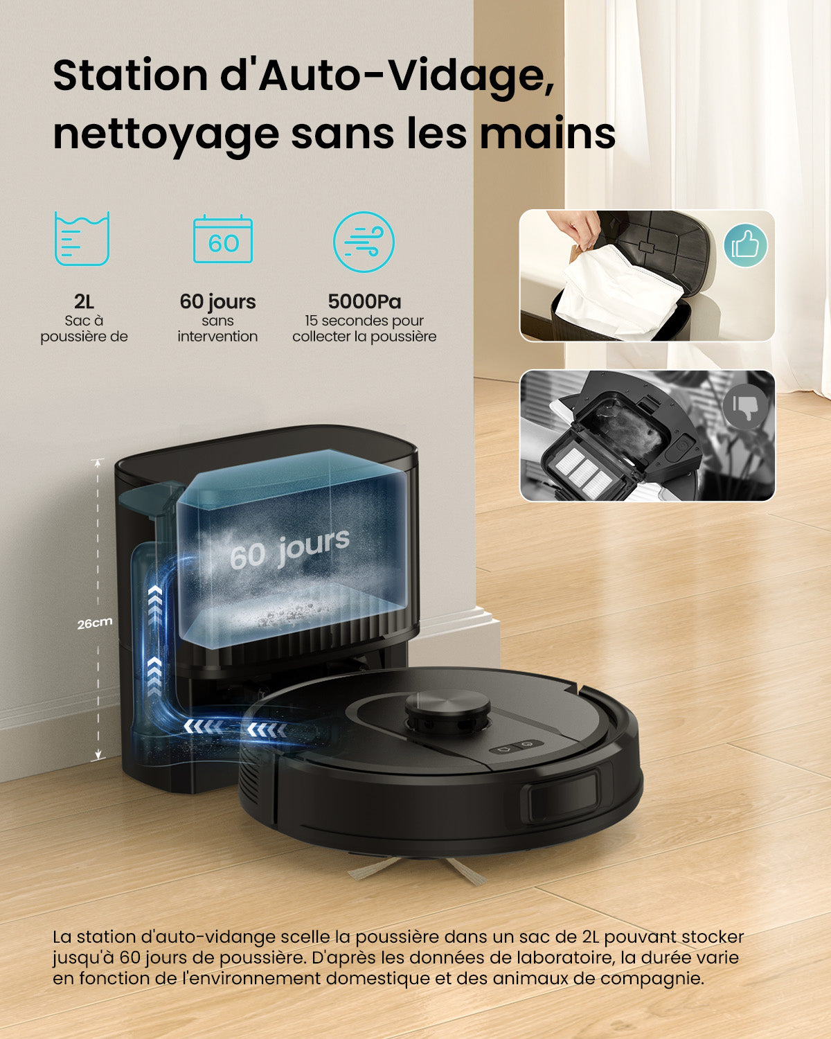 Robotic vacuum cleaner with self-emptying station on a wooden floor, highlighting features like dust collection and cleaning duration.