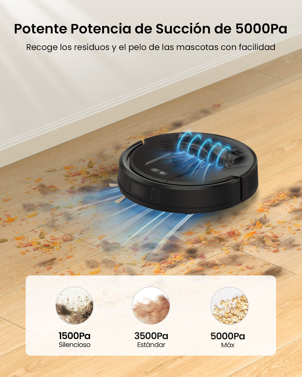 Robot vacuum cleaner on a wooden floor with debris, highlighting 5000Pa strong suction power.