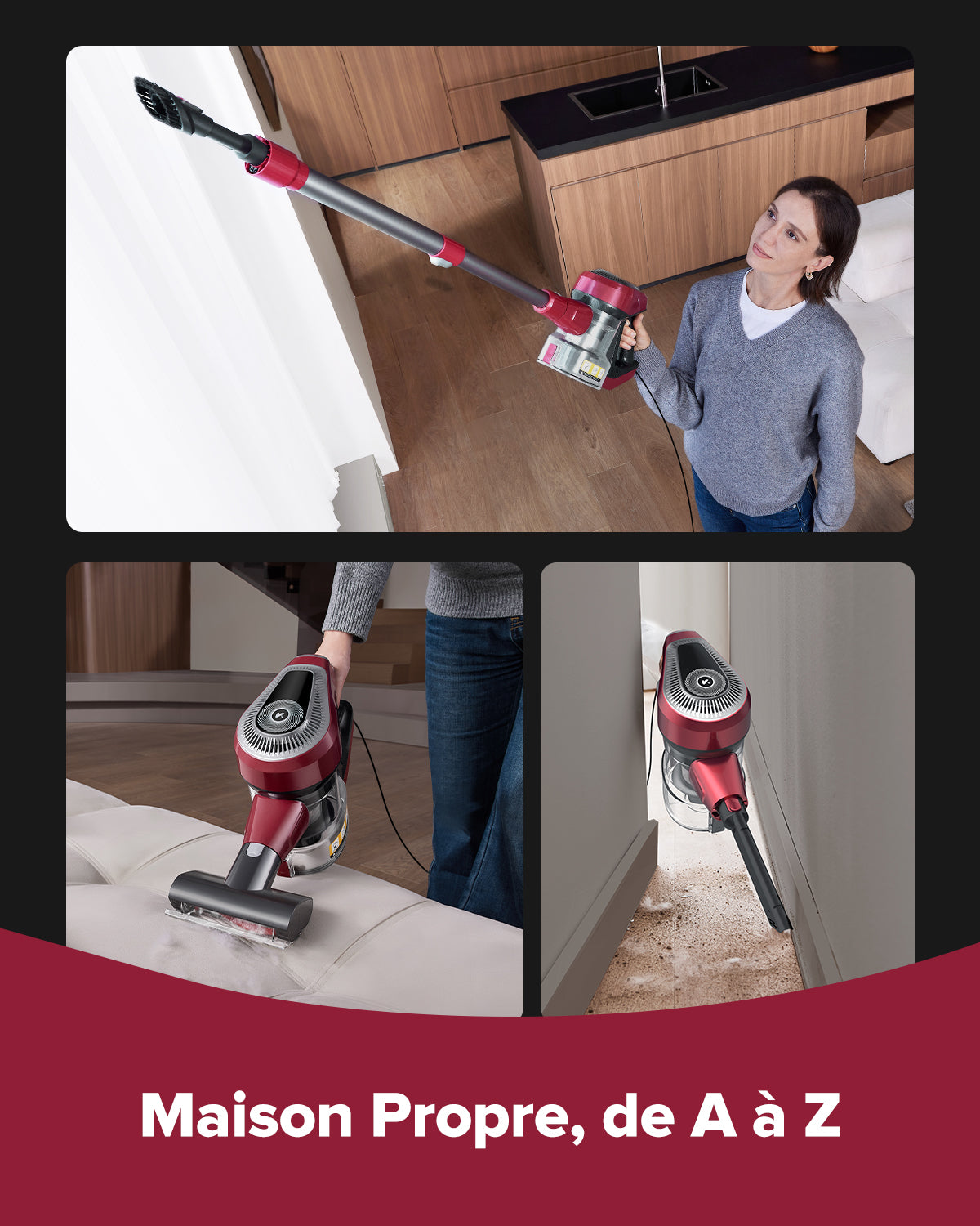 Person using a vacuum cleaner in a home setting with text 'Clean Home from A to Z'.