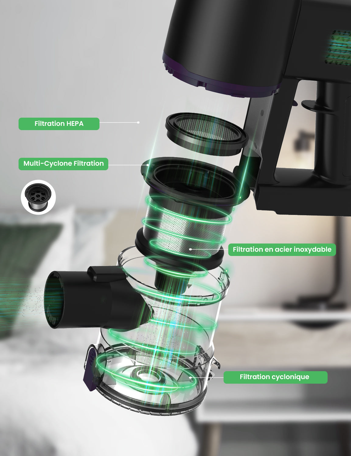 Close-up of a Vactidy vacuum cleaner with green light