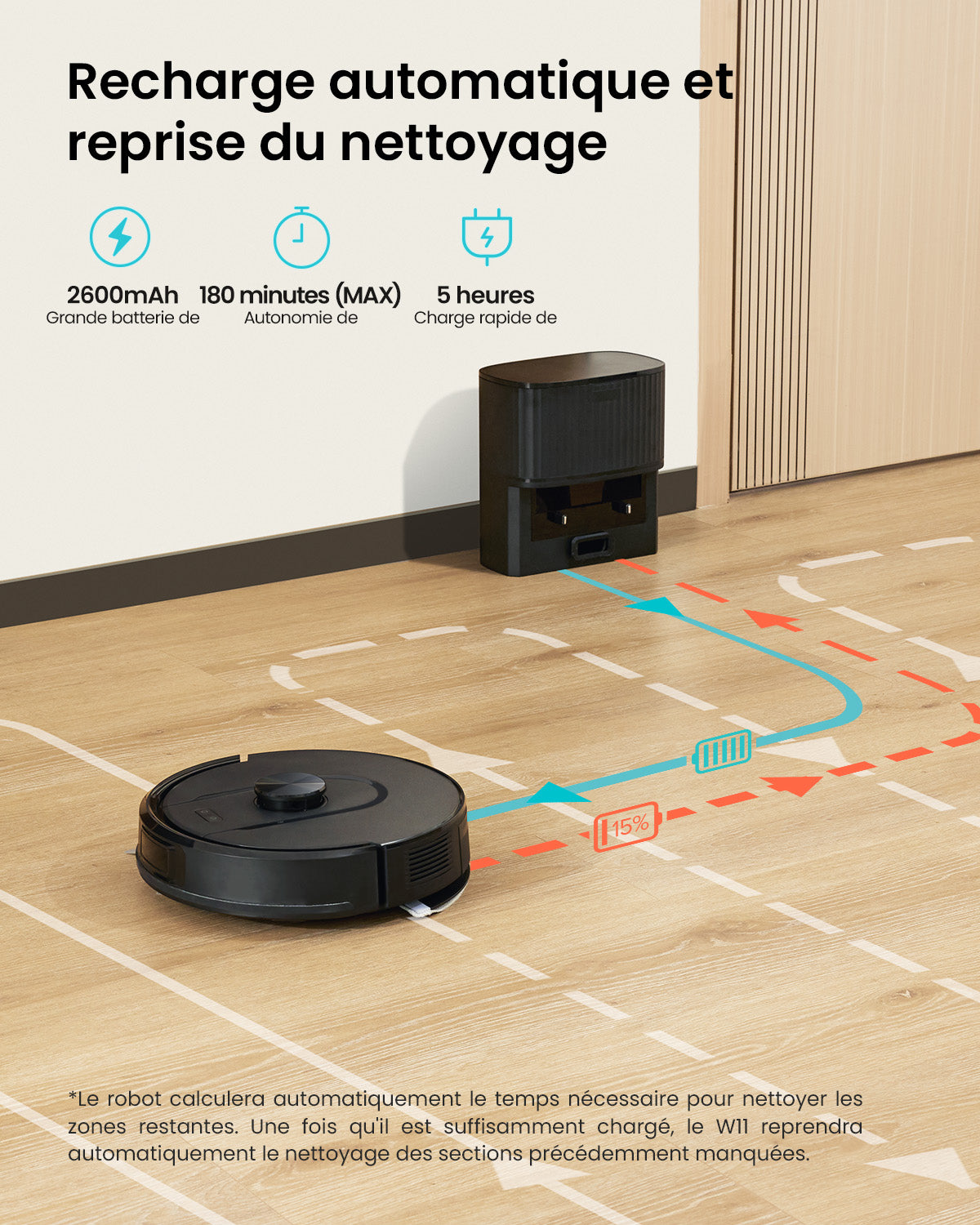Robotic vacuum cleaner on a wooden floor with charging station and cleaning path diagram.