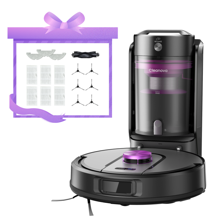 ​Nouveauté : le robot aspirateur Cleanova MAX et sa base de vidange automatique.​​ ​​Offre spéciale : bénéficiez d'un kit d'accessoires complet (brosses latérales, filtres, etc.) !​