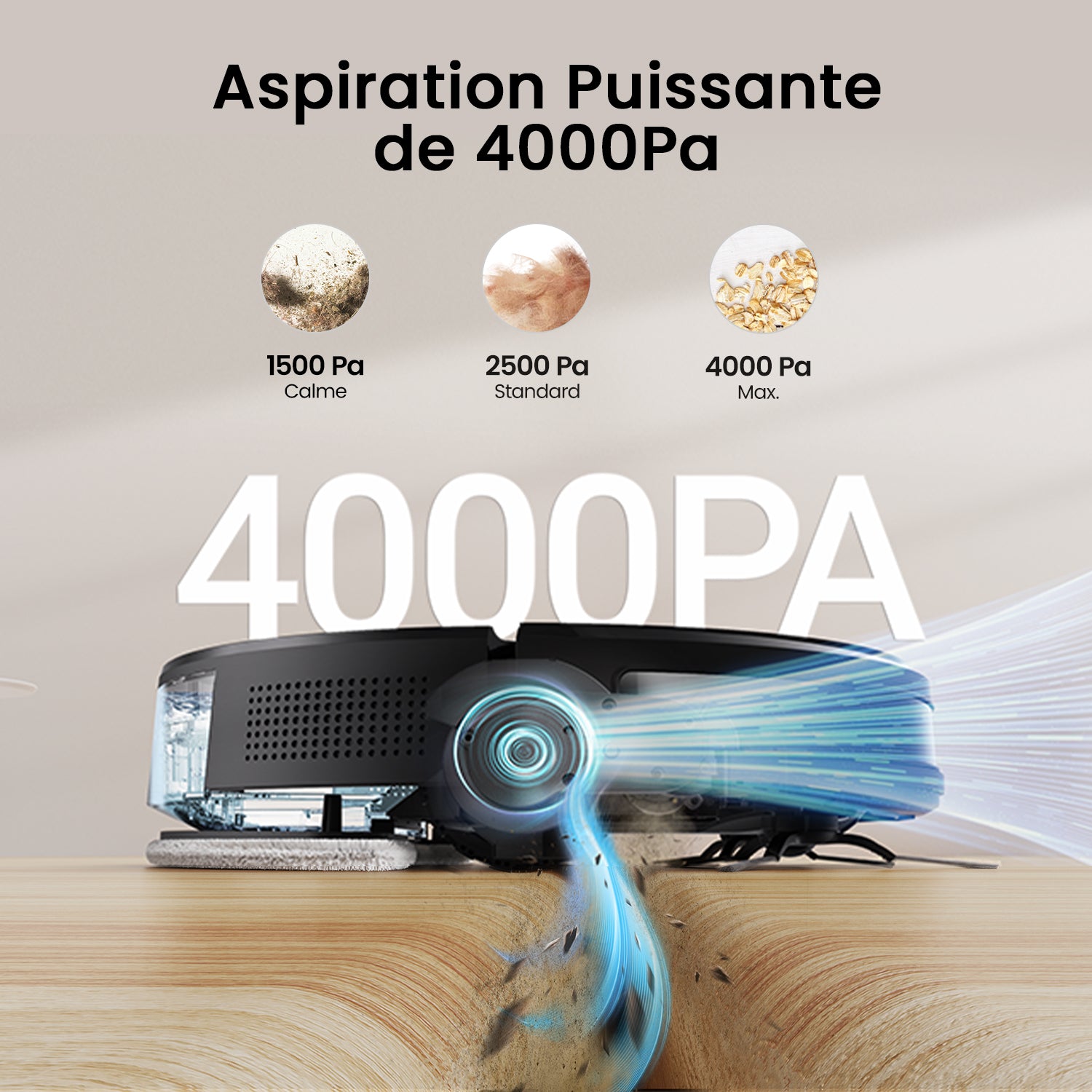 Air purifier with 4000Pa powerful suction on a wooden surface