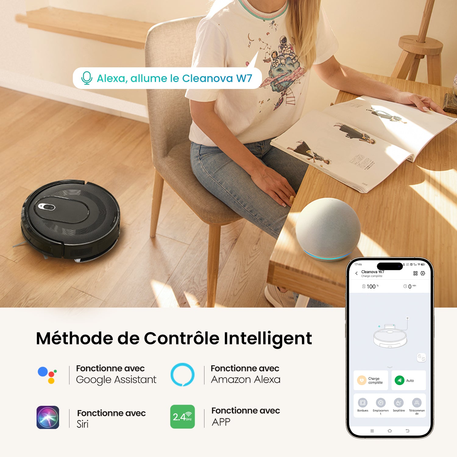Person using a robot vacuum cleaner with smartphone app interface and text about control methods.