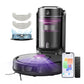The Cleanova W15 robot vacuum docked at its auto-empty station. The station has a transparent waste compartment and a "RELEASE" button. A cleaning map is visible on a smartphone screen next to a remote control. Two cloth pads and a water container are shown, highlighting the robot's mopping functionality.