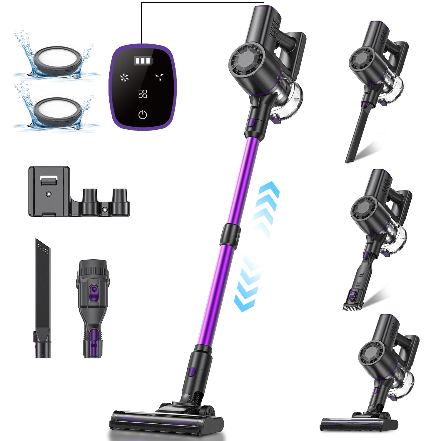 Set of a purple and black cordless vacuum cleaner with attachments on a white background