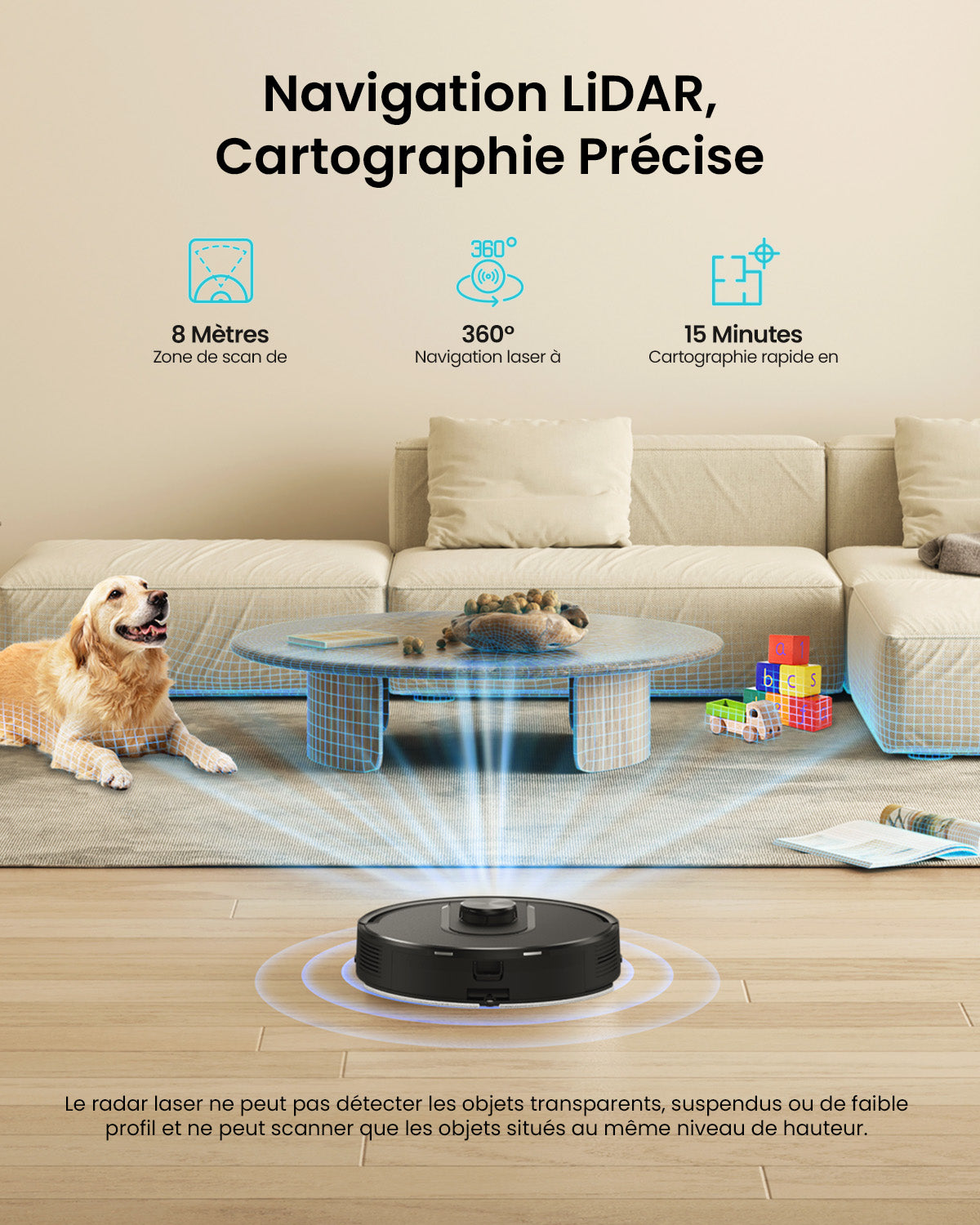 Robotic vacuum cleaner with LiDAR navigation technology in a living room setting.
