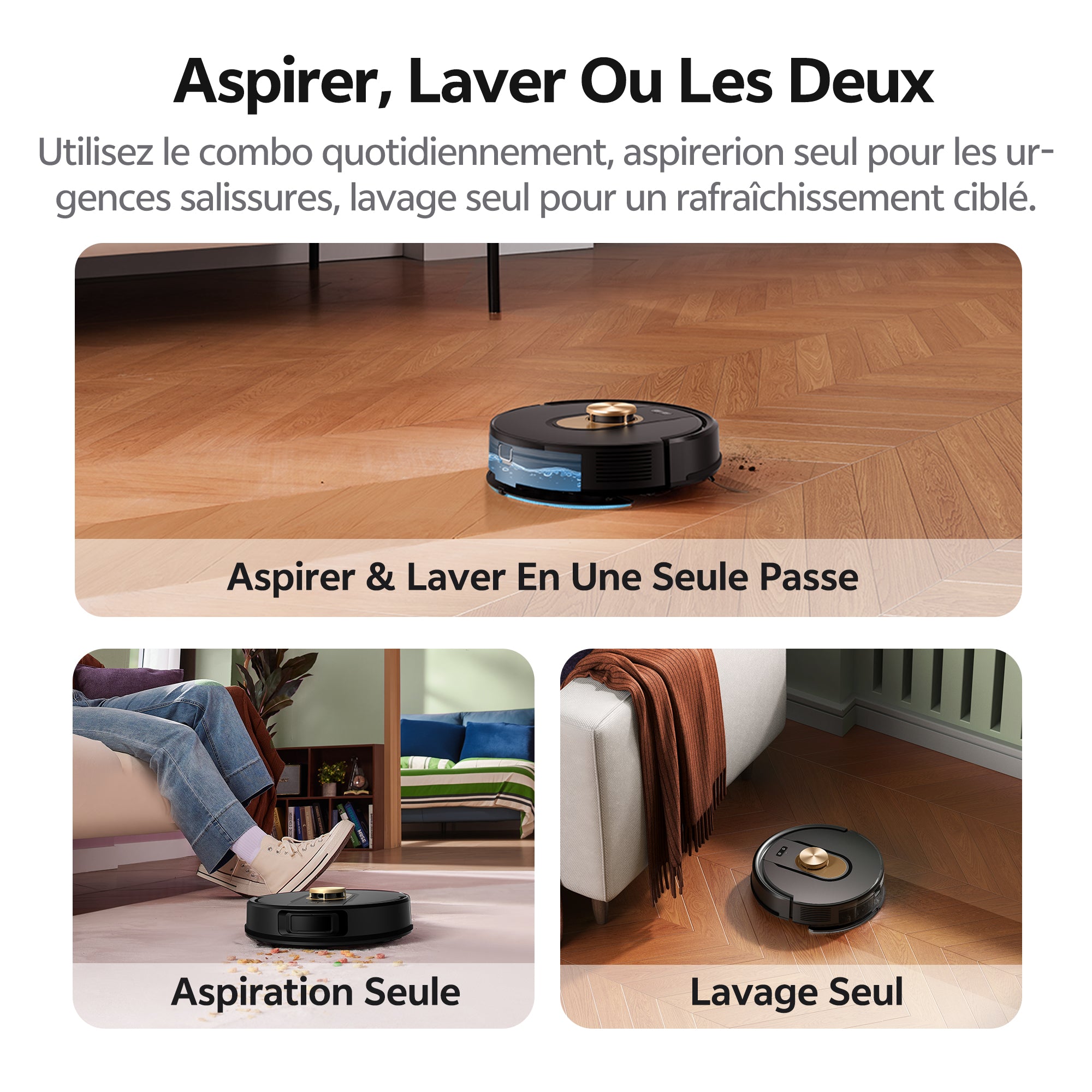 Robotic vacuum cleaner with text explaining its functions on a wooden floor.