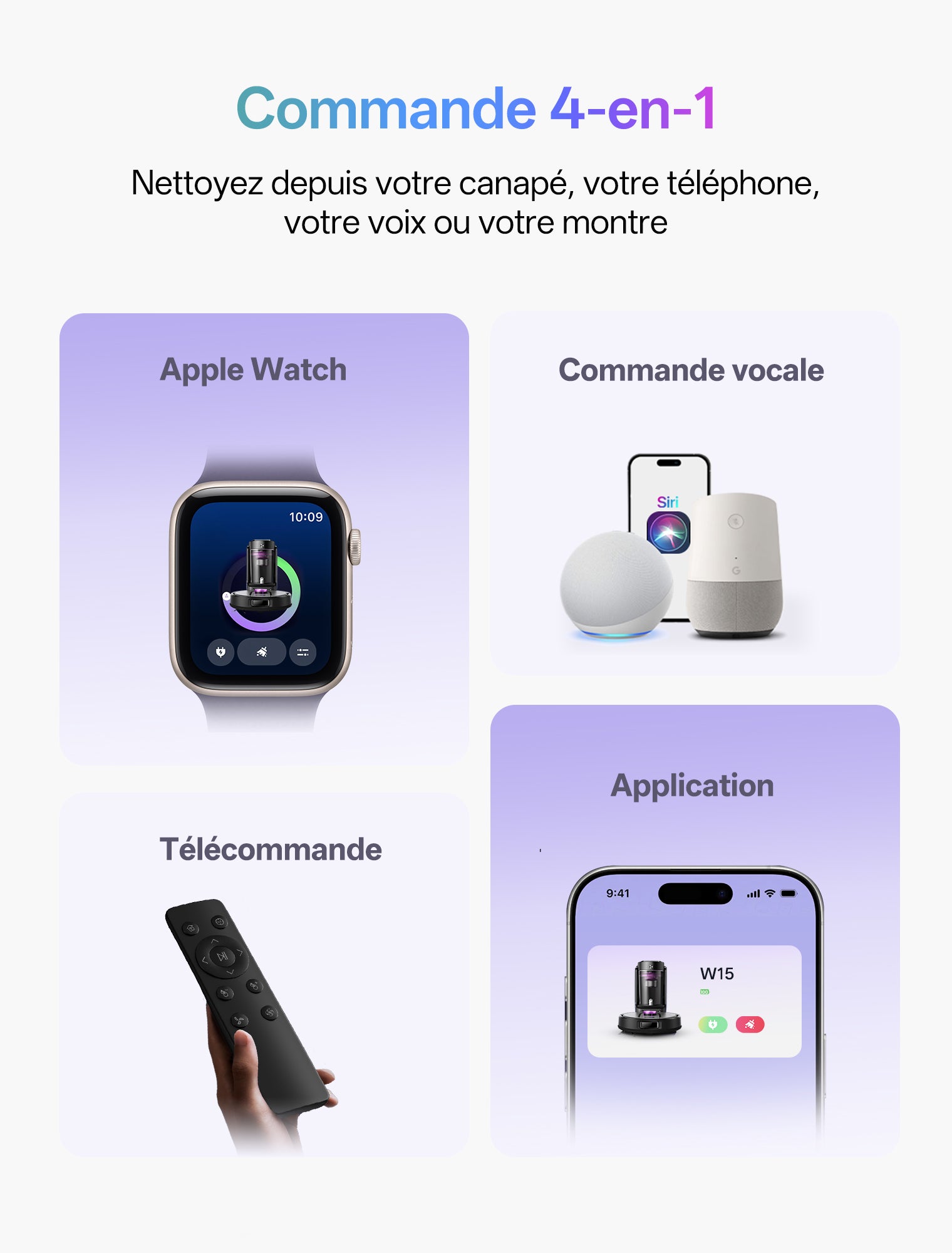 Infographie intitulée "Commande 4-en-1" présentant les quatre méthodes pour contrôler le robot aspirateur Cleanova W15 : l'application mobile sur smartphone, une télécommande dédiée, la commande vocale via assistant intelligent (comme Siri), et une application sur une Apple Watch. Le texte principal indique "Nettoyez depuis votre canapé, votre téléphone, votre voix ou votre montre". L'arrière-plan est un dégradé de couleur violet clair.