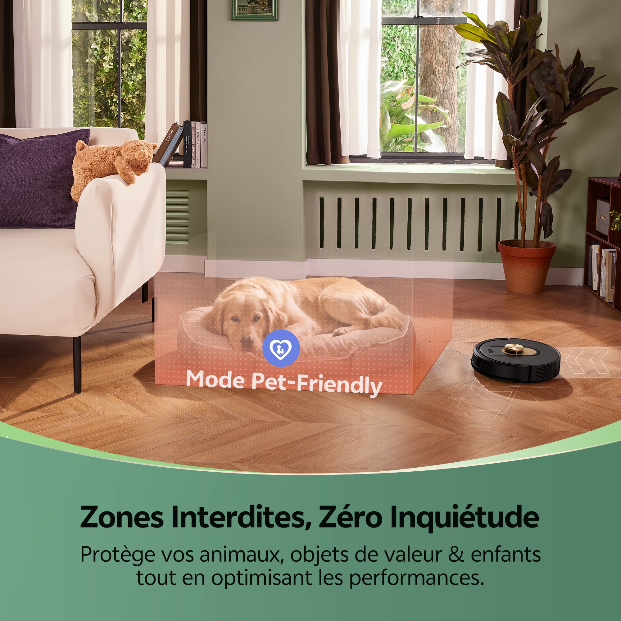 Living room with a dog on a mat, robot vacuum cleaner, and text about pet-friendly mode.