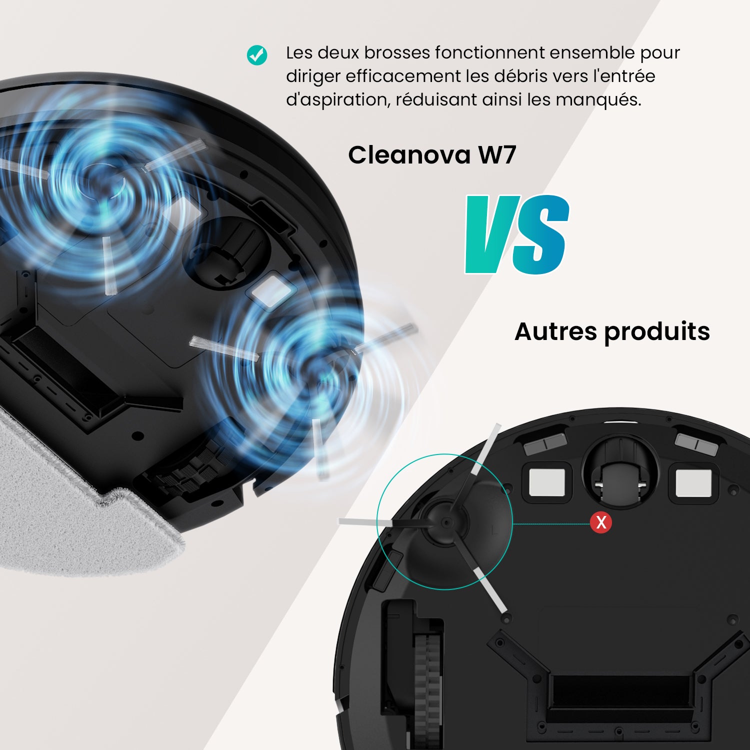 Comparison of Cleanova W7 vacuum cleaner with dual brushes and another product on a white background.