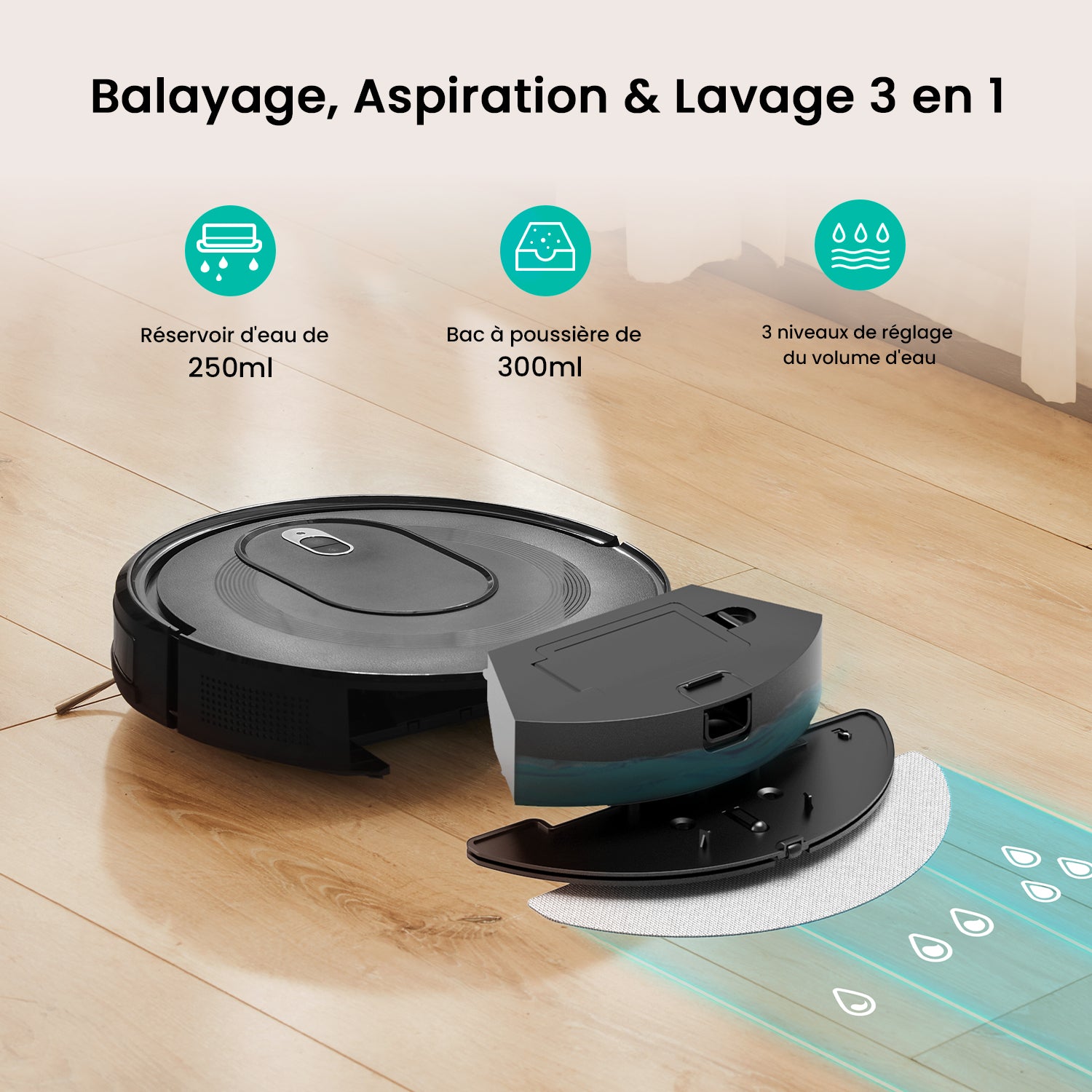 Robotic vacuum cleaner with water tank and dust bin on a wooden floor, featuring text about its features.