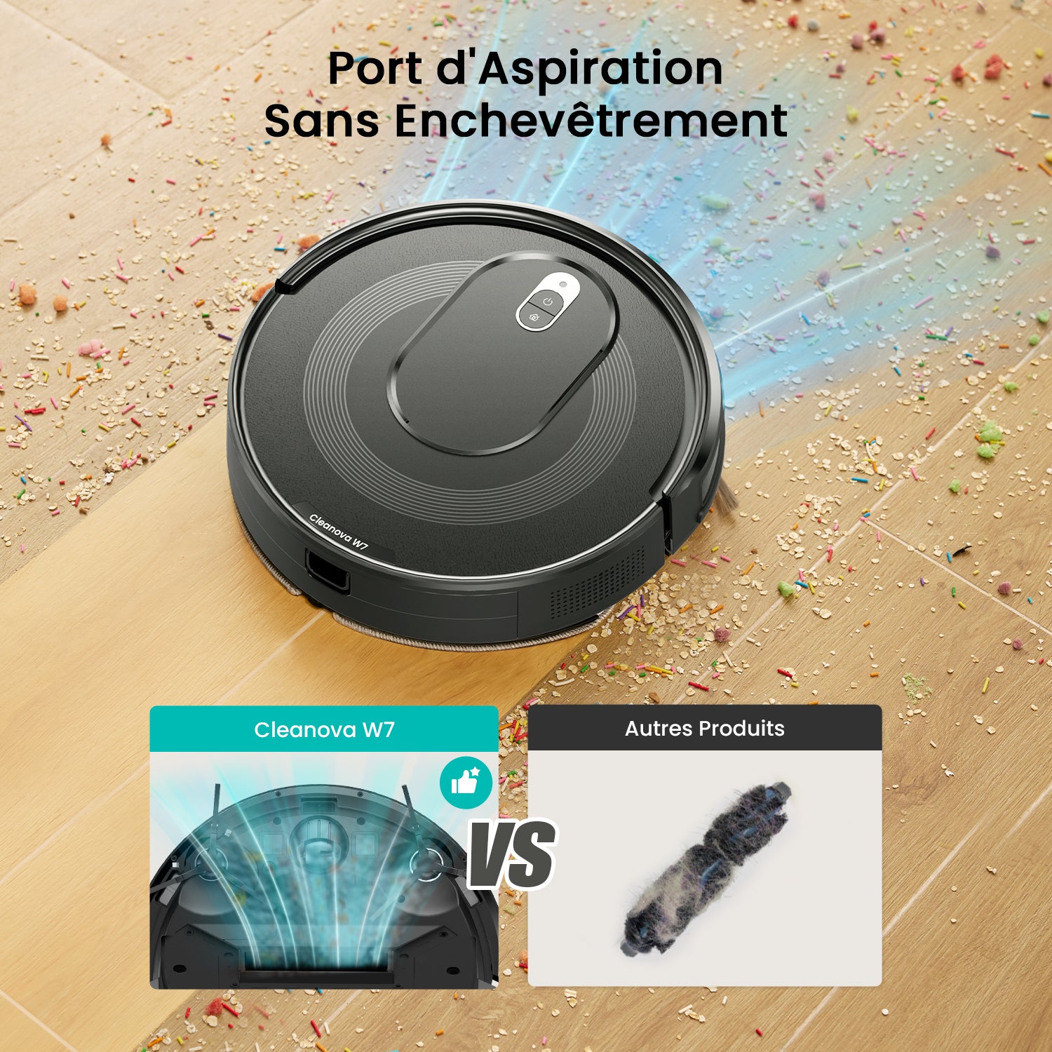 Robotic vacuum cleaner with anti-tangle suction port feature on a floor with debris.