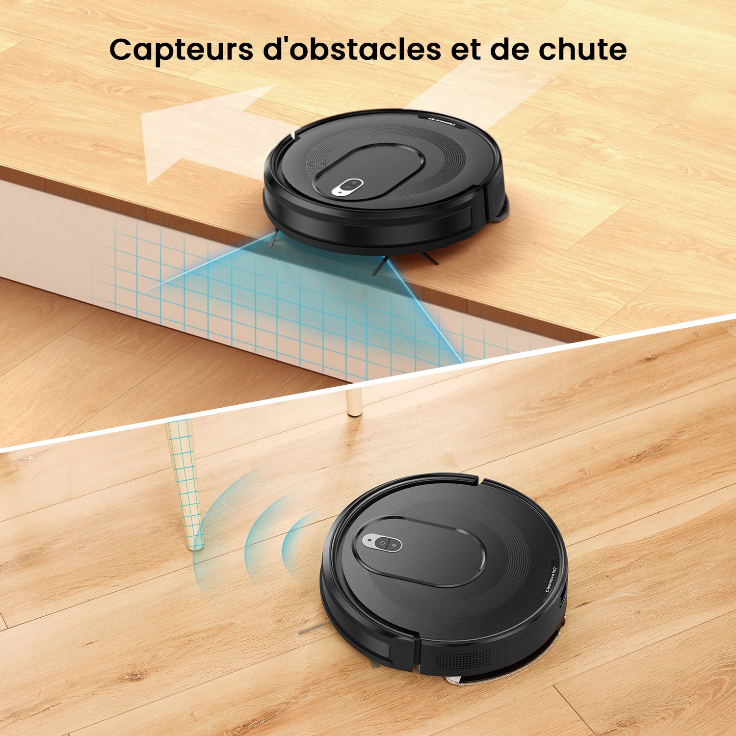 Robot vacuum cleaner with obstacle and drop sensors on a wooden floor