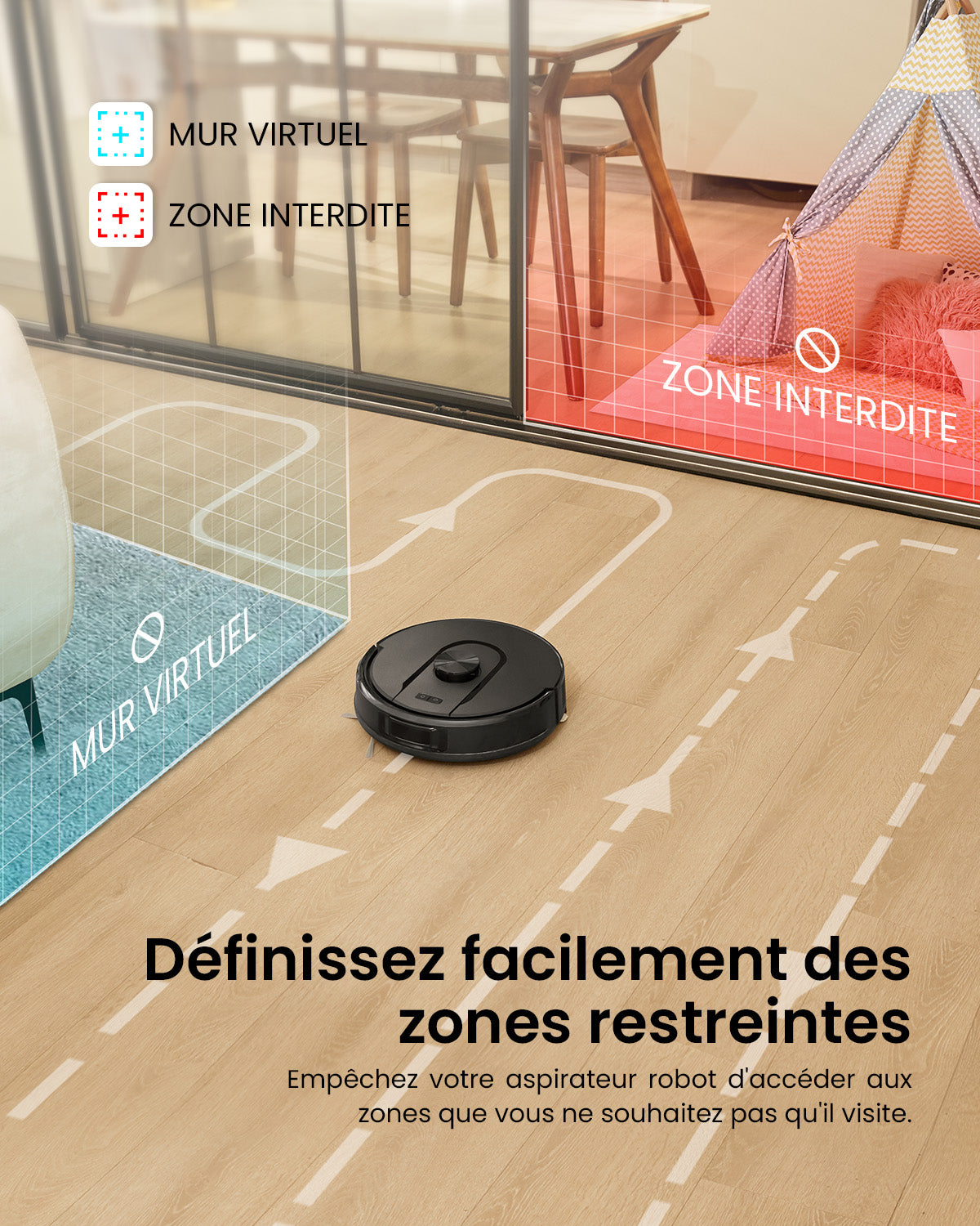 Robot vacuum cleaner on a wooden floor with virtual wall and no-go zone settings displayed.