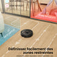 Robot vacuum cleaner on a wooden floor with virtual wall and no-go zone settings displayed.
