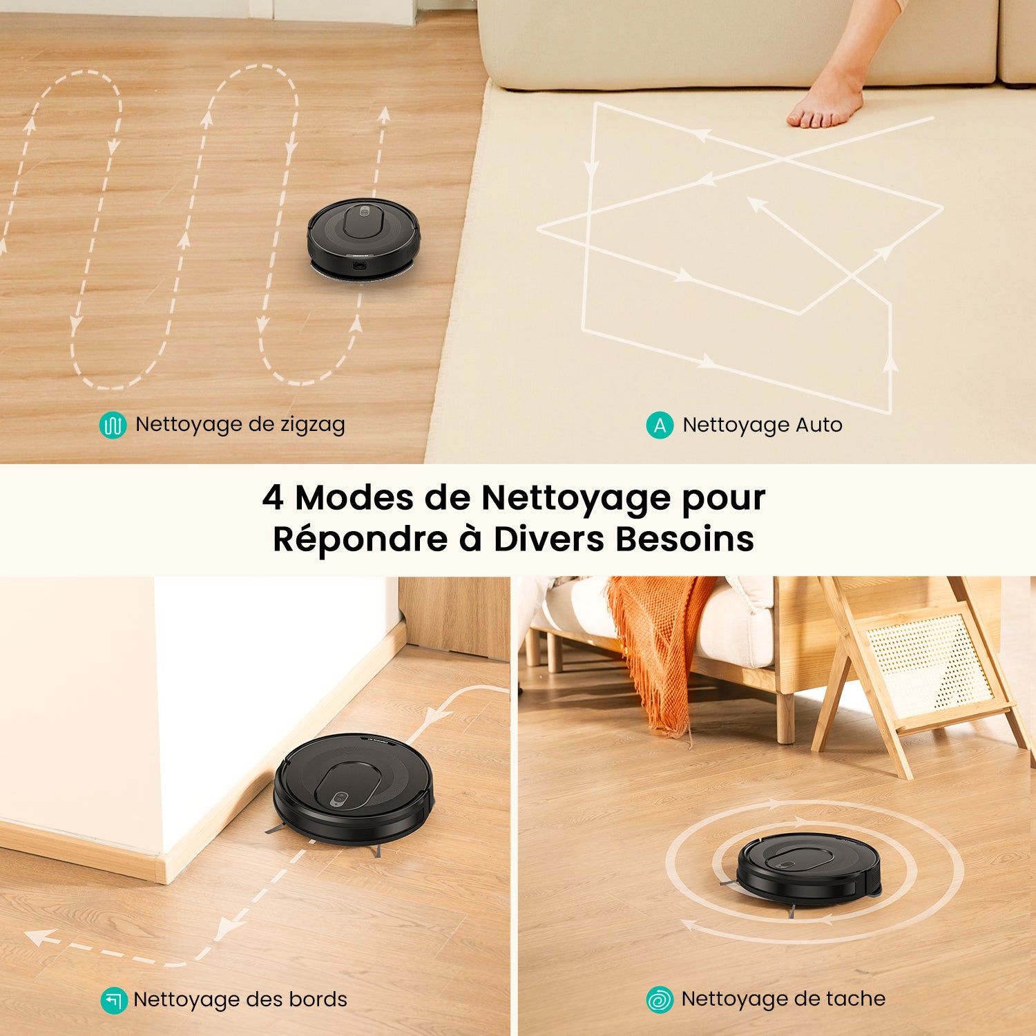 Robot vacuum cleaner with different cleaning modes on a wooden floor.